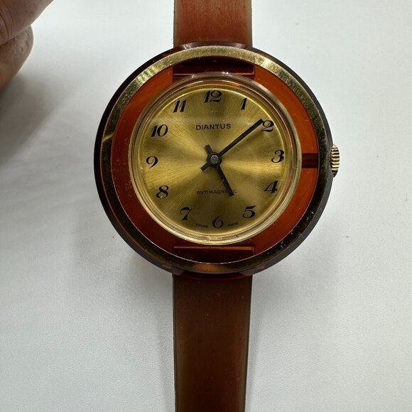 Vtg. Diantus Watch Women Gold Tone Brown Swiss 41MM Round Dial Manual Wind 8.5\